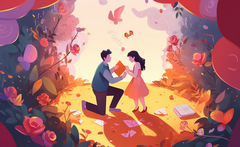 浪漫花丛男子下跪求爱520情人节手绘场景,插画/手绘图,插画/手绘图库,插画/手绘图下载,插画/手绘